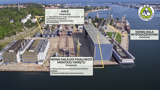 Widok PGZ Stoczni Wojennej po zakończeniu dostosowania infrastruktury do programu Miecznik. Największe zmiany to nowa hala montażu końcowego i nowa lokalizacja doku.
