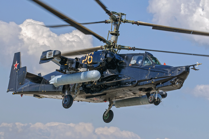 Jednomiejscowy śmigłowiec bojowy Ka-50 w czasie służby w ośrodku szkolenia bojowego lotnictwa armijnego w Torżku. Rosyjskie lotnictwo w szczytowym momencie użytkowało tylko sześć Ka-50; pozostałe służyły do prób.