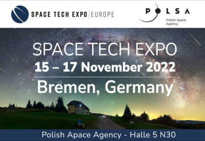 Ulotka informująca o udziale Polskiej Agencji Kosmicznej w Space Tech Expo. Daty: 15-17 listopada, Brema, Niemcy. Stanowisko POLSA - hala 5, N30