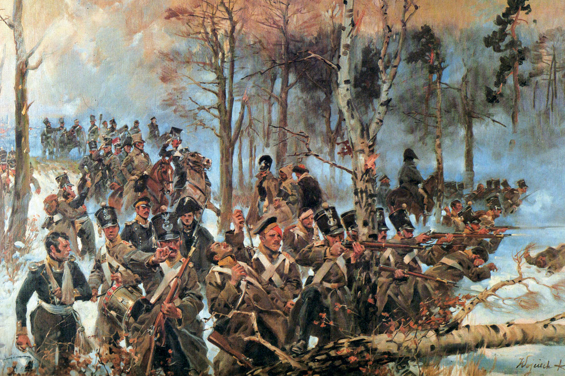 Obraz „Olszynka Grochowska, Czwartacy”, namalowany niemal sto lat po powstaniu listopadowym przez Wojciecha Kossaka, pokazuje etapy strzelania z karabinów wojskowych w 1831 r.