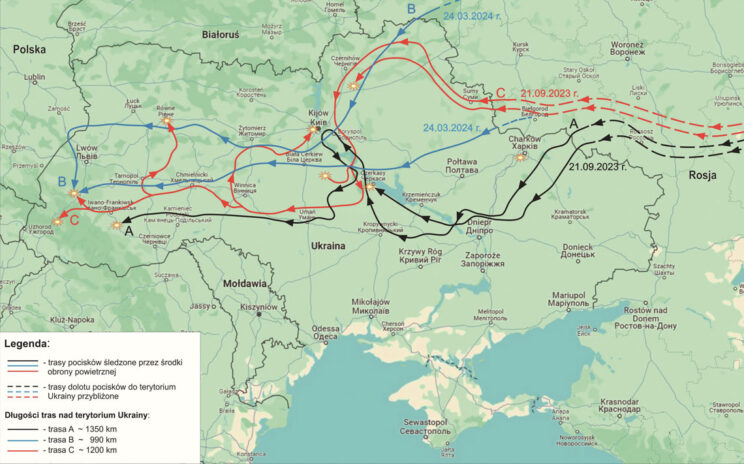 Mapka przybliżonych tras lotniczych pocisków manewrujących nad Ukrainą. Pociski zmieniają kurs wielokrotnie, co wydłuża trasę, ale nawet do najdalszych celów w rejonach Stryja czy Użhorodu, przebyta odległość to nie więcej niż połowa maksymalnego zasięgu. Rys. Krzysztof Nicpoń na podstawie texty.org.ua i monitorwar.